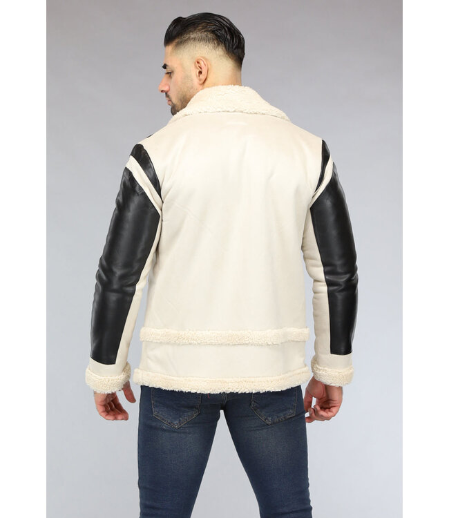 Beige Heren Lammy Coat met Lederlook Details