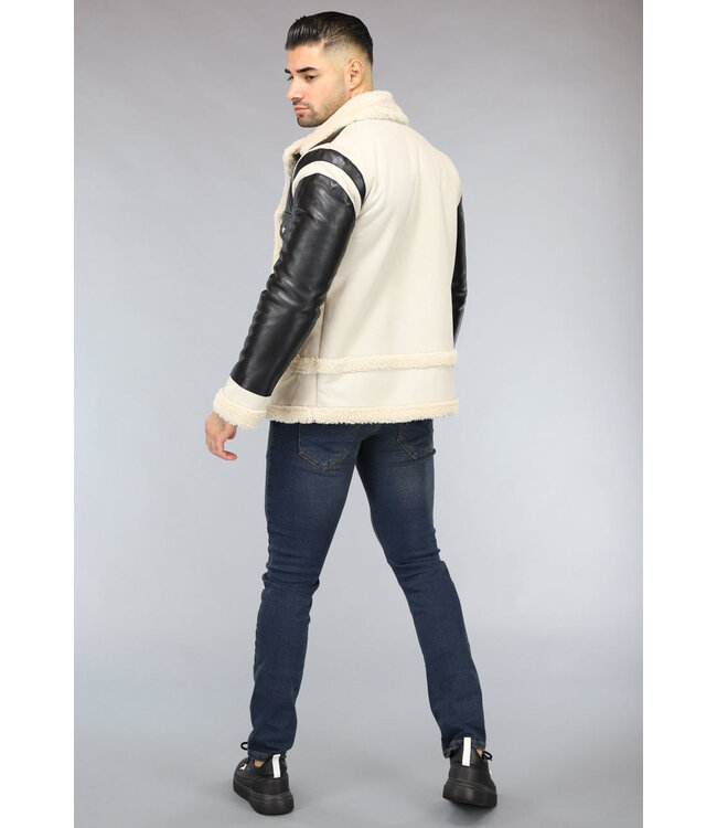 Beige Heren Lammy Coat met Lederlook Details