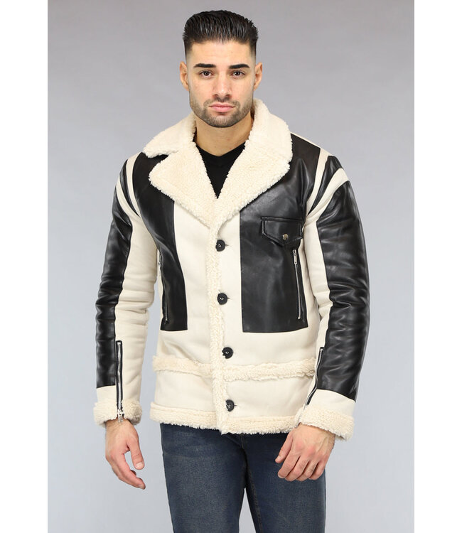 Beige Heren Lammy Coat met Lederlook Details