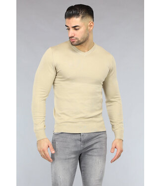 Gebreide Heren Pullover met V Hals in Beige