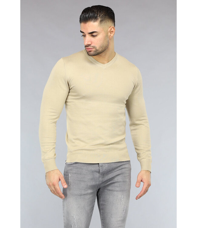 Gebreide Heren Pullover met V Hals in Beige