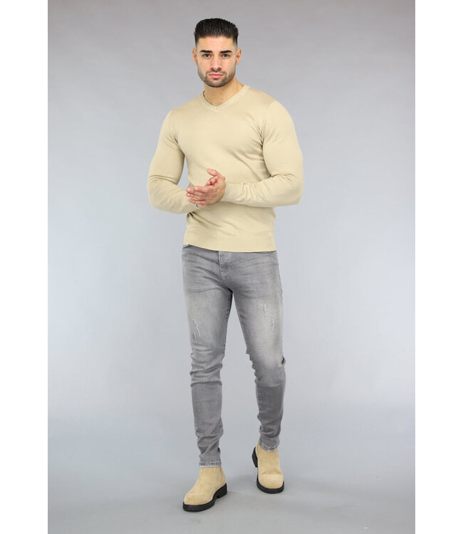Gebreide Heren Pullover met V Hals in Beige