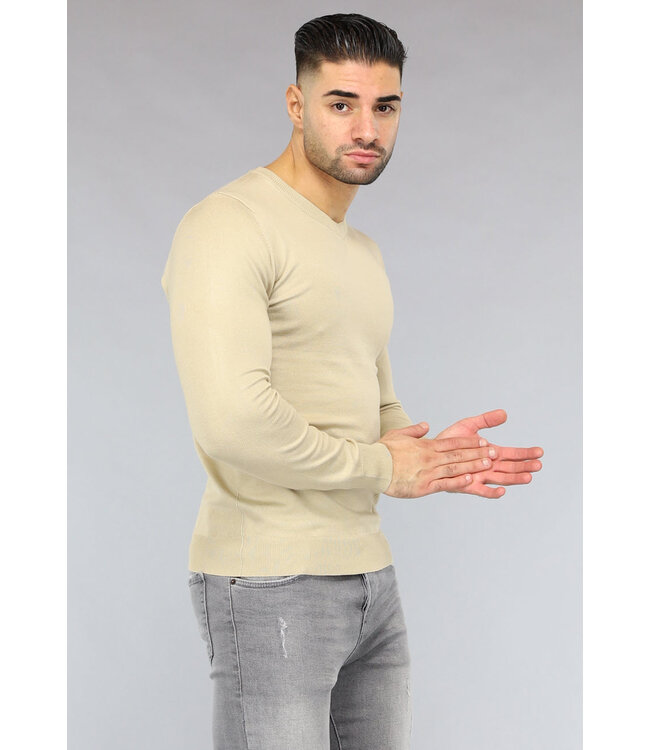 Gebreide Heren Pullover met V Hals in Beige