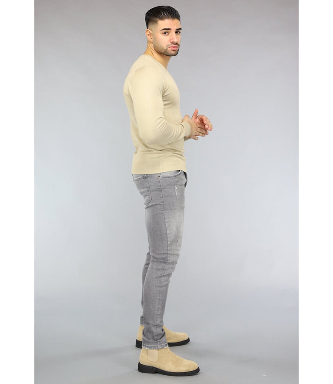 Gebreide Heren Pullover met V Hals in Beige