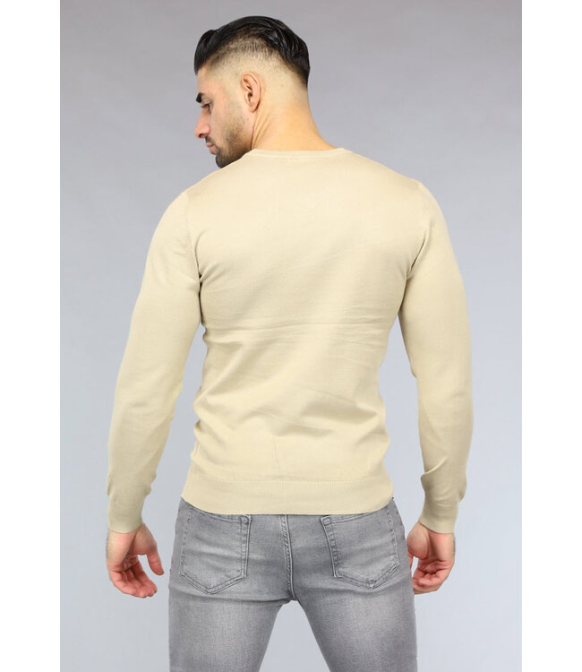 Gebreide Heren Pullover met V Hals in Beige