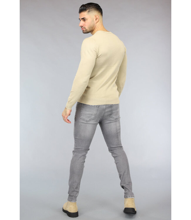 Gebreide Heren Pullover met V Hals in Beige