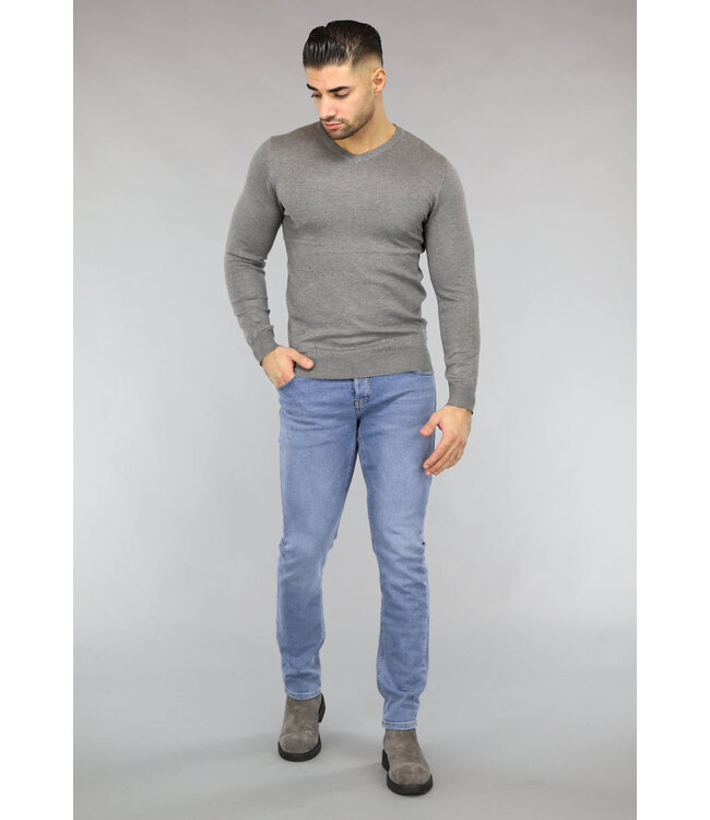 Gebreide Heren Pullover met V Hals in Grijs