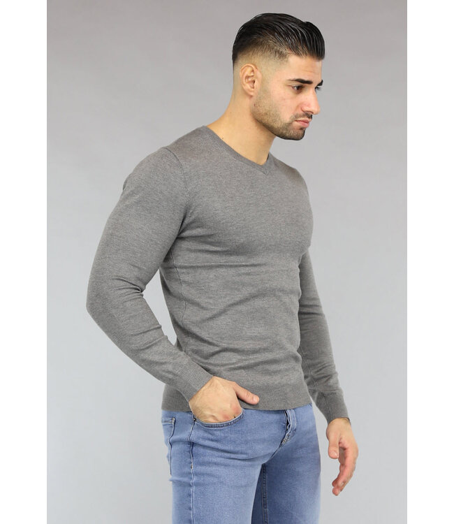 Gebreide Heren Pullover met V Hals in Grijs