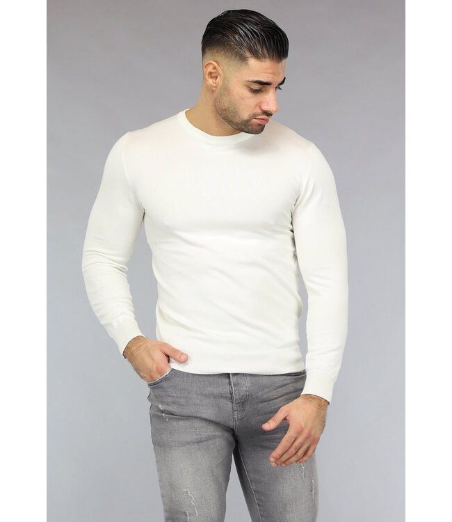 Crème Heren Pullover Trui met Ronde Hals
