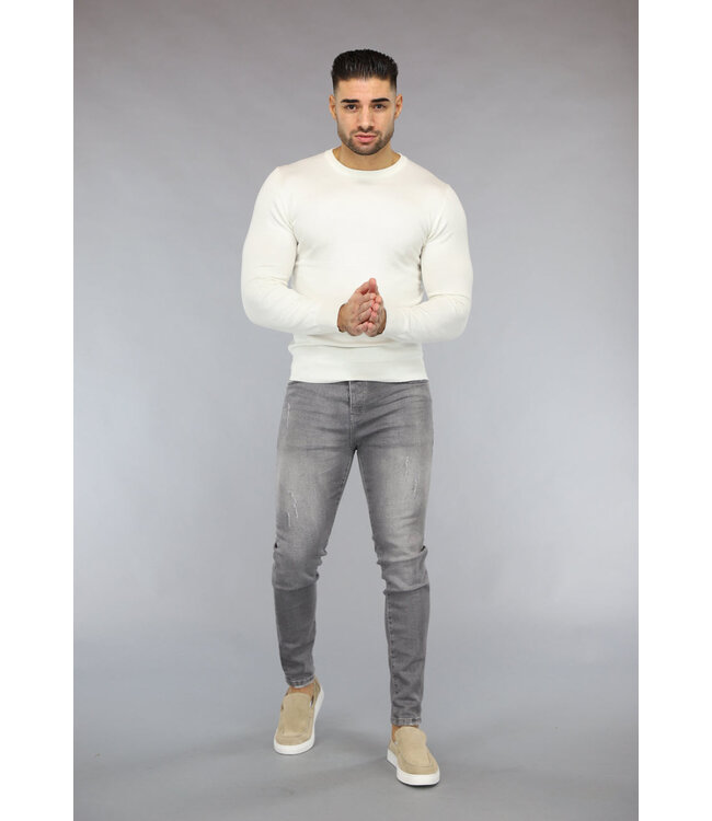 Crème Heren Pullover Trui met Ronde Hals