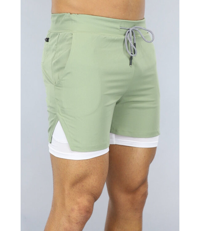 Groene Heren Sport Short met Ingewerkt Aansluitend Broekje