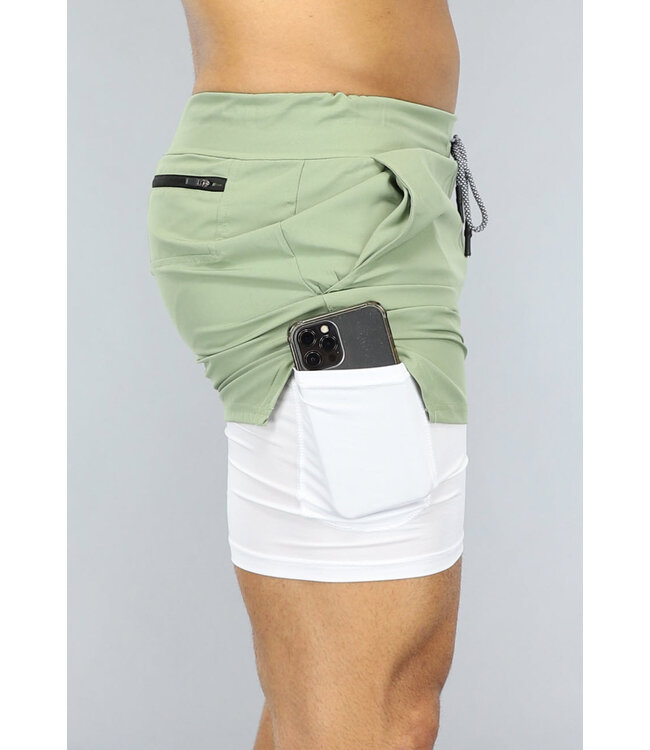 Groene Heren Sport Short met Ingewerkt Aansluitend Broekje