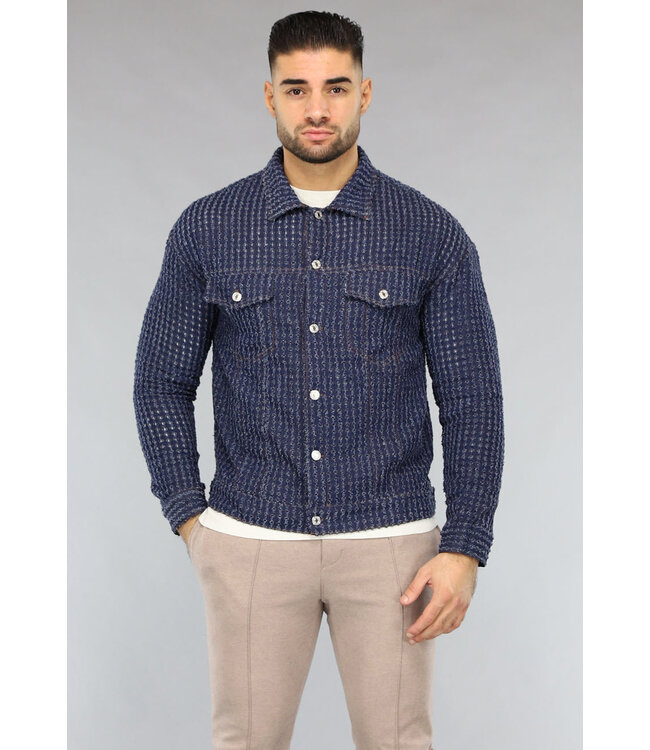Donkerblauwe Denim Blouse met Ruwe Patroon