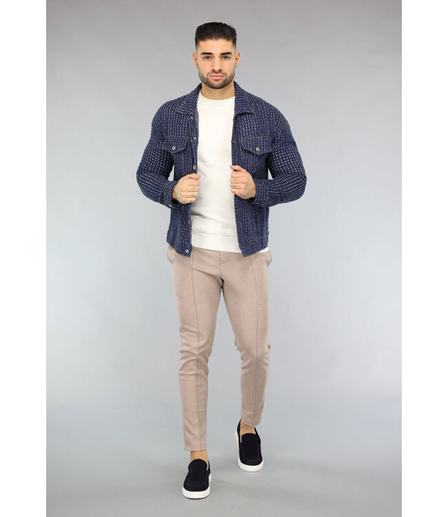 Donkerblauwe Denim Blouse met Ruwe Patroon