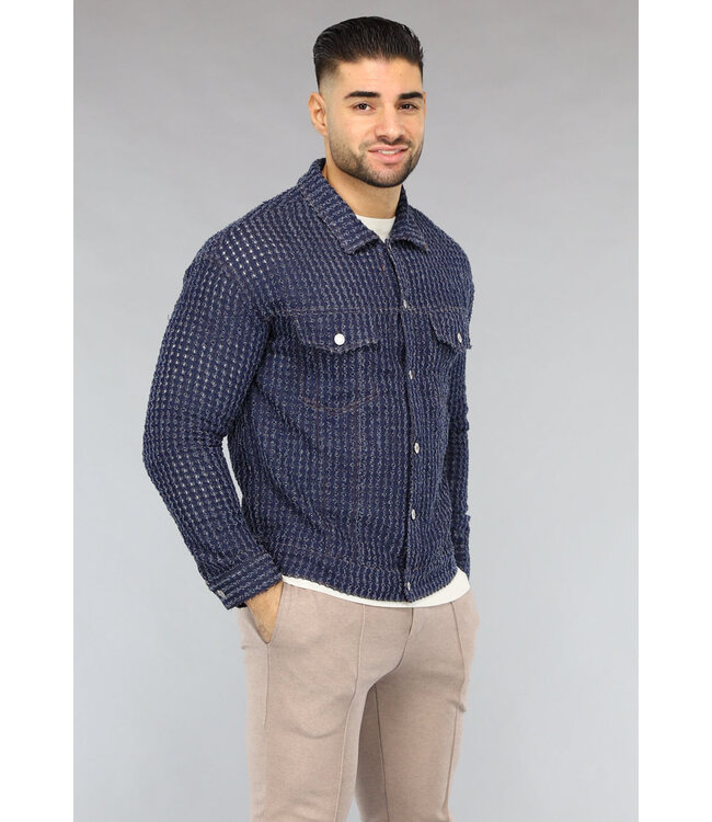 Donkerblauwe Denim Blouse met Ruwe Patroon