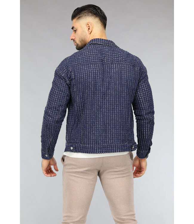 Donkerblauwe Denim Blouse met Ruwe Patroon