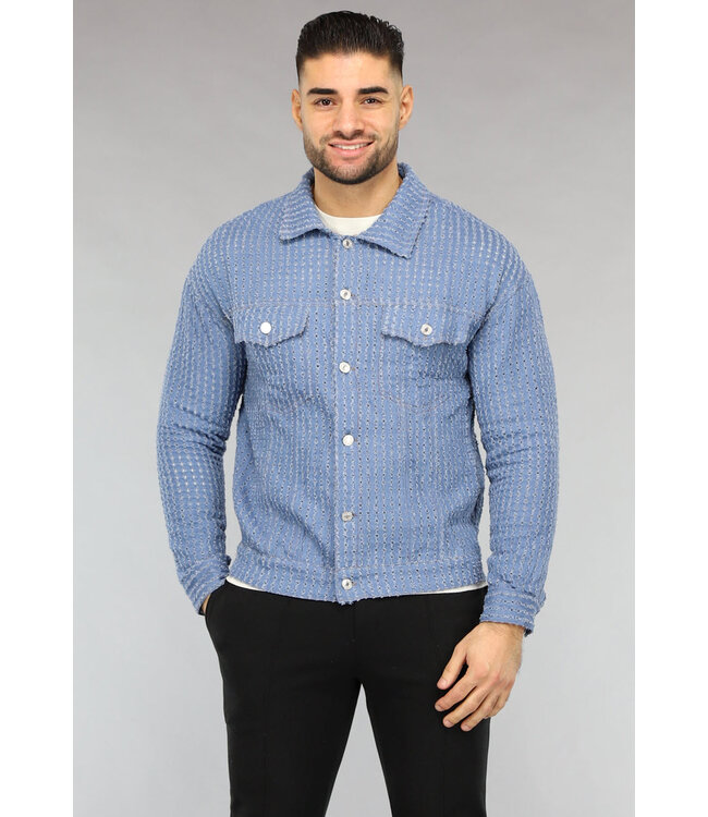 Lichtblauwe Denim Blouse met Ruwe Patroon