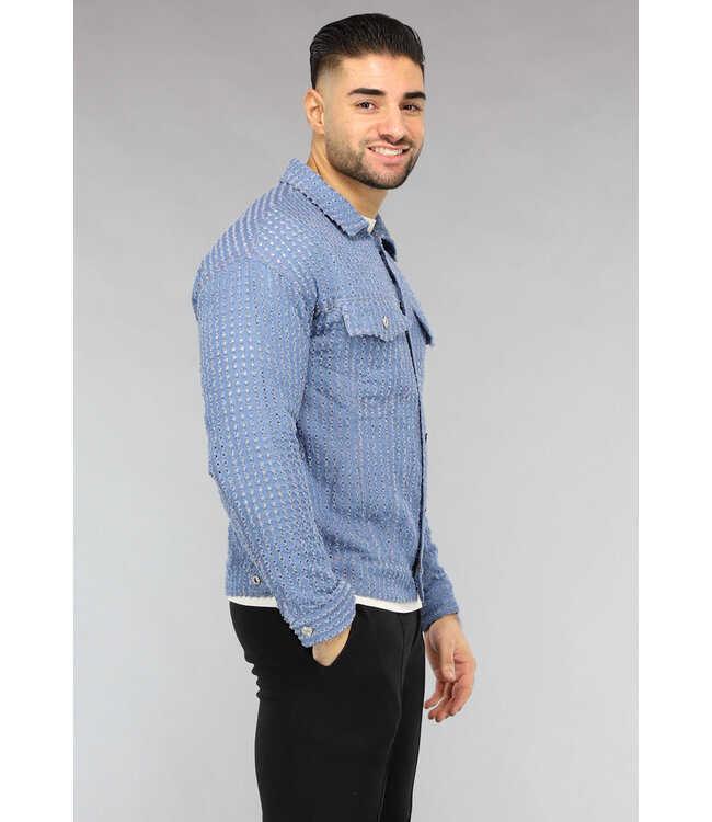 Lichtblauwe Denim Blouse met Ruwe Patroon