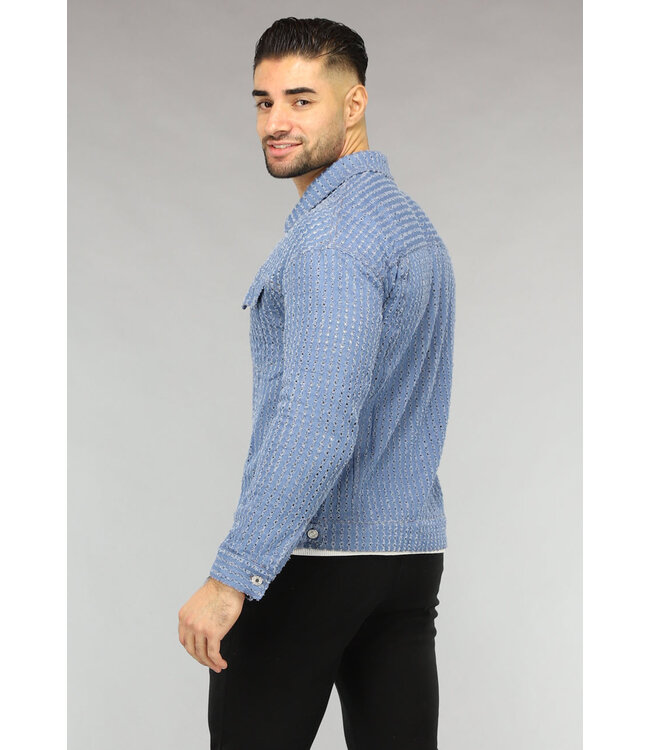Lichtblauwe Denim Blouse met Ruwe Patroon