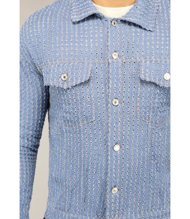Lichtblauwe Denim Blouse met Ruwe Patroon