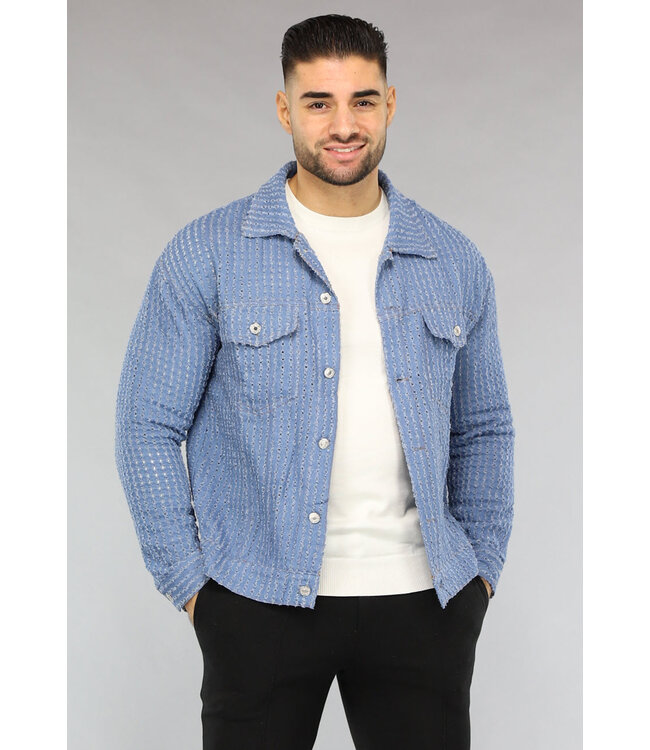 Lichtblauwe Denim Blouse met Ruwe Patroon