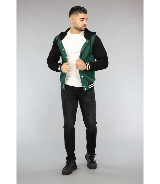 Donkergroene Heren Bomber met Zwarte Mouwen
