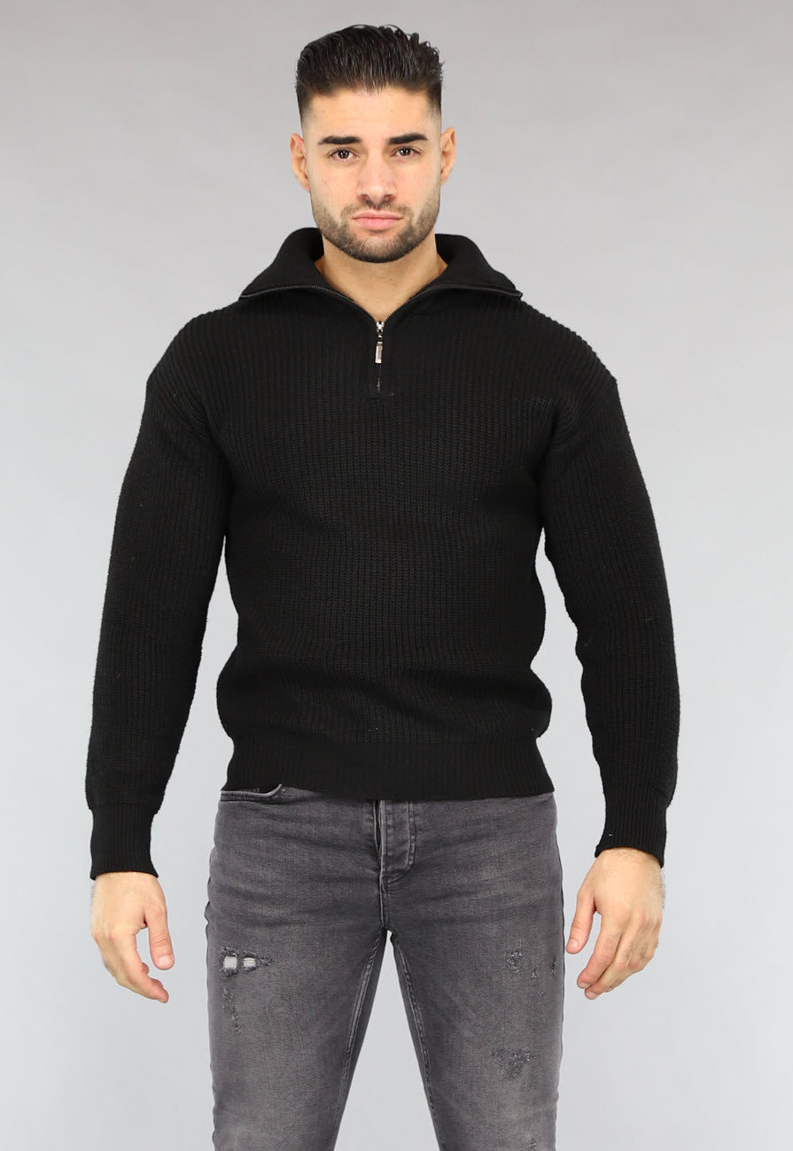 Gebreide Heren Schipperstrui in Zwart Black Leo