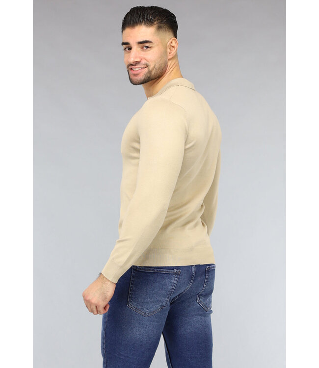 Beige Heren Stretch Trui met Kraagje