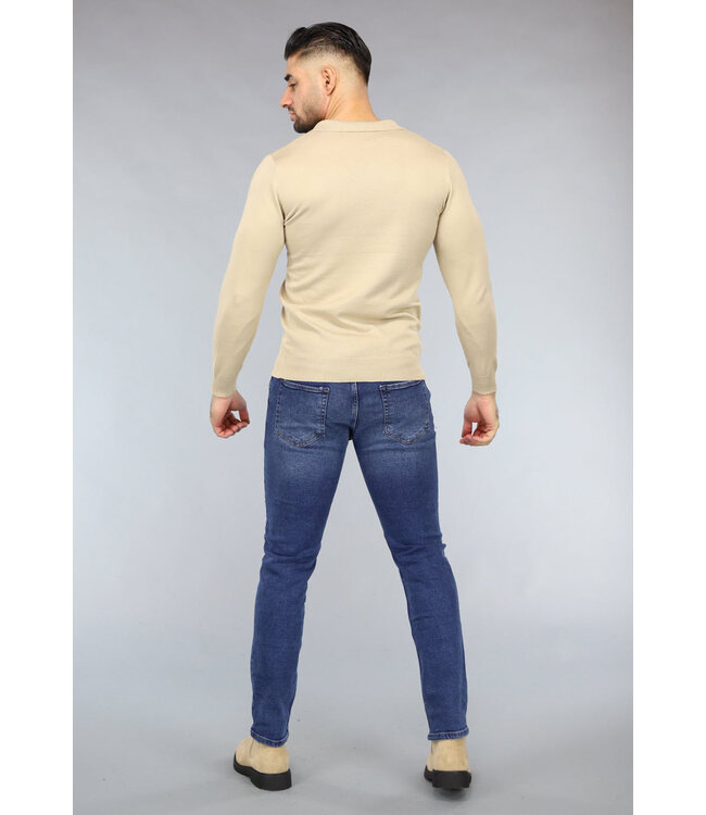 Beige Heren Stretch Trui met Kraagje