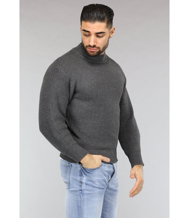Grijze Gebreide Heren Trui in Pullover Model
