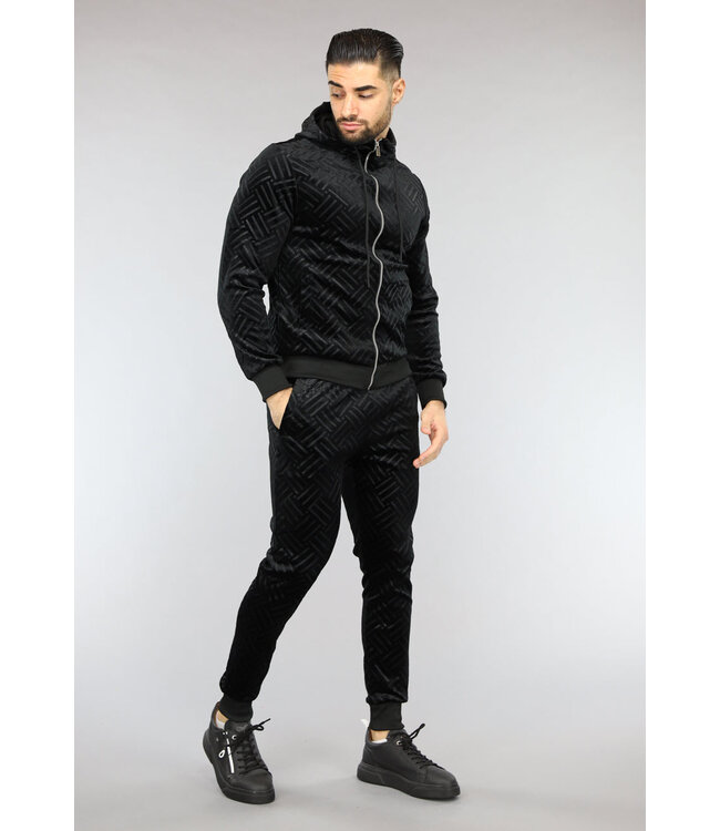 Zwart Velvet Joggingspak met Gestreepte Print
