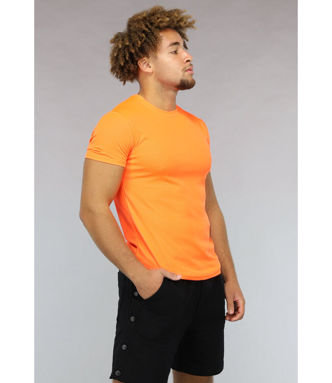Neon Oranje Heren Sport T shirt met Korte Mouwen Black Leo