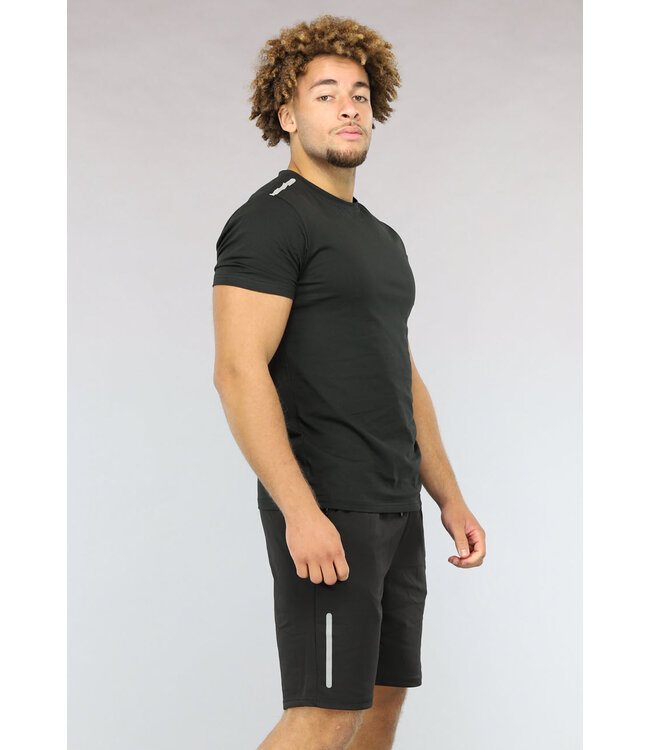 Zwarte Tweedelige Korte Mouwen Set met Reflectieve Detail