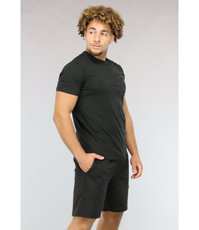 NEW0902 Casual Zwarte Mannen Short Set met Opdruk