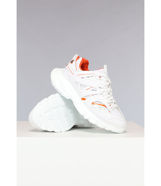 NEW2302 Witte Chunky Heren Sneakers met Oranje Details