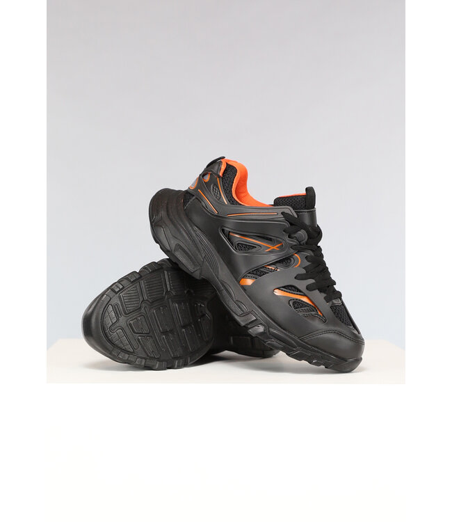 NEW2302 Zwarte Chunky Heren Sneakers met Oranje Details