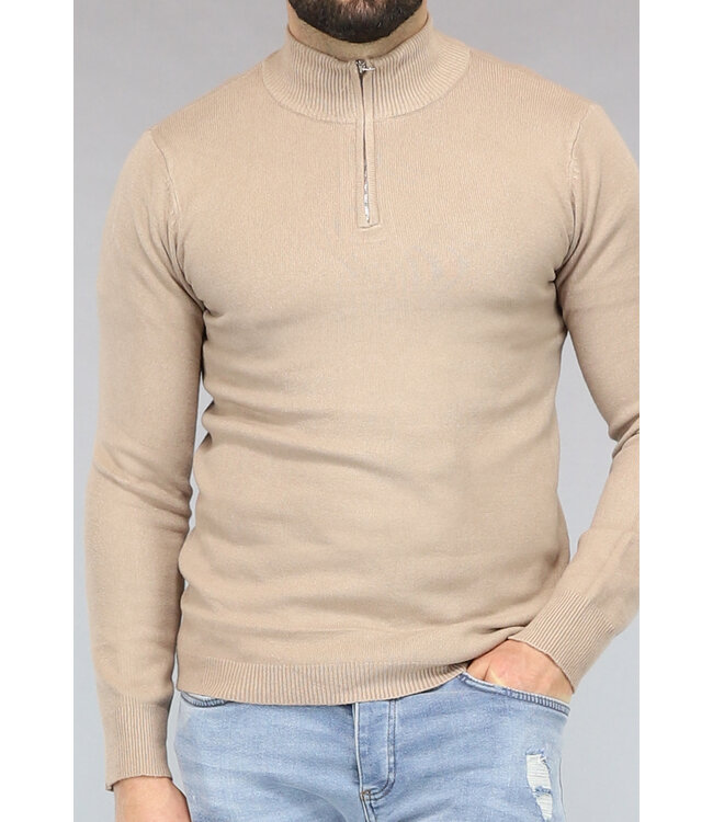 Beige High Neck Heren Trui met Rits