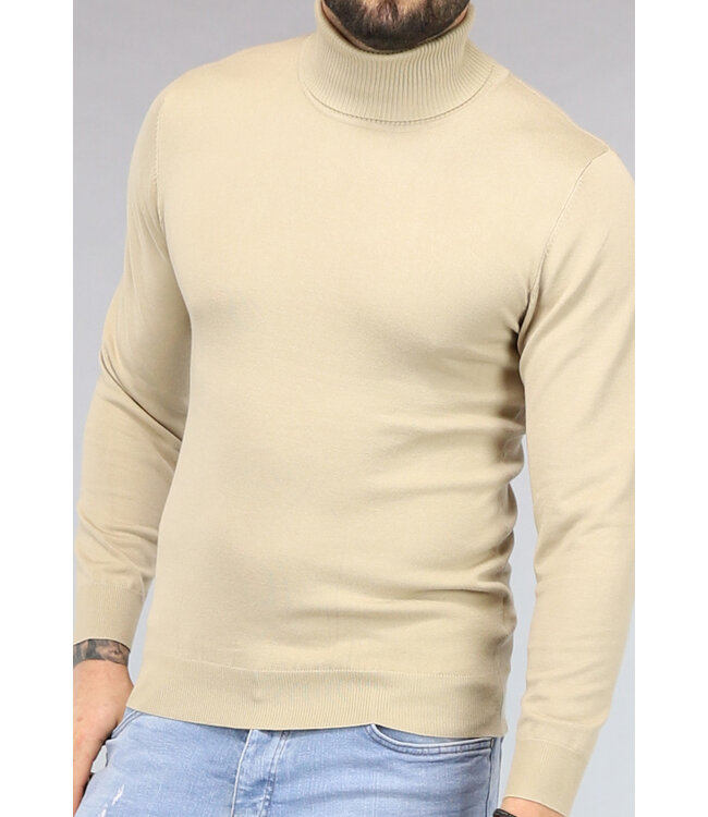 Basic Beige Heren Trui met Hoge Col