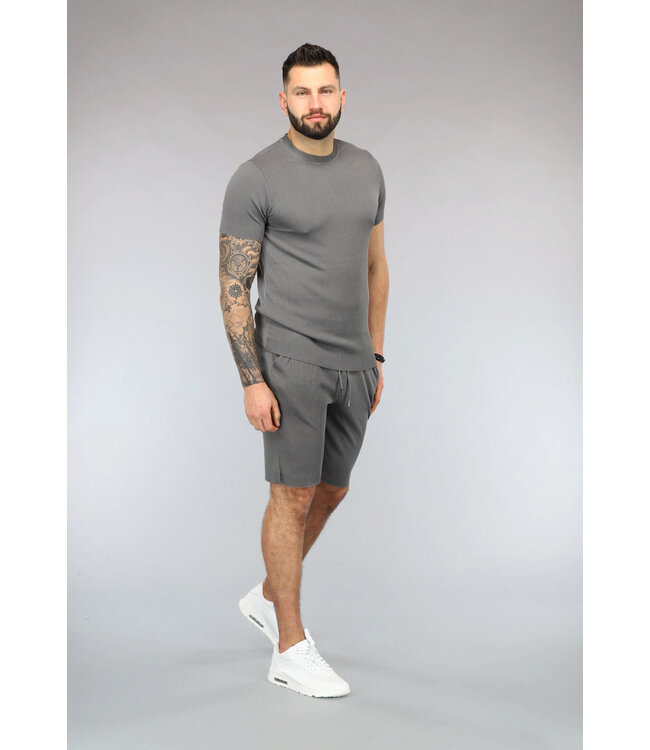 Antraciet Gestreept Sport Setje met Korte Mouwen en Short