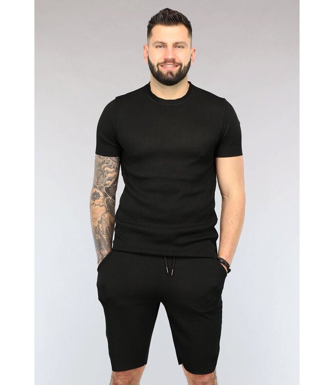 Zwart Gestreept Sport Setje met Korte Mouwen en Short