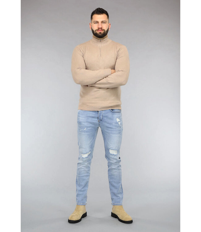 Beige High Neck Heren Trui met Rits