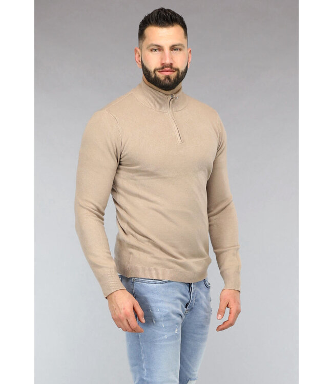Beige High Neck Heren Trui met Rits