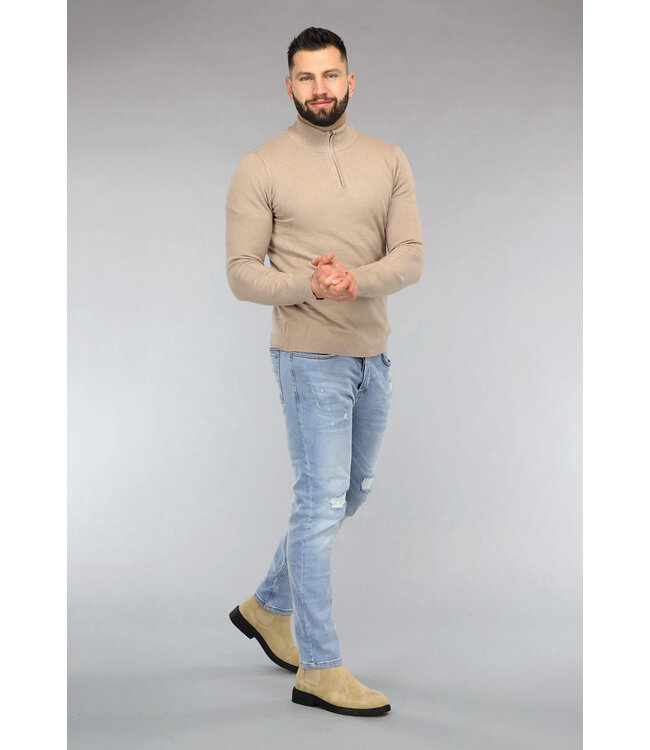 Beige High Neck Heren Trui met Rits