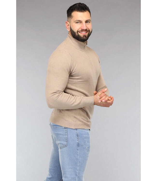 Beige High Neck Heren Trui met Rits