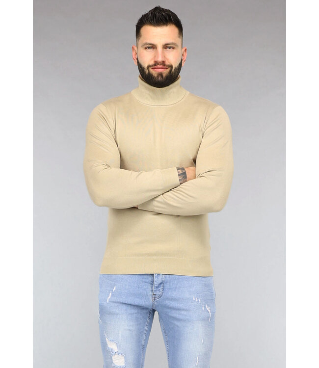 Basic Beige Heren Trui met Hoge Col