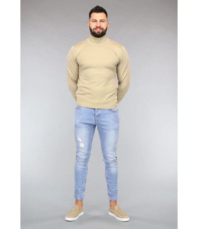 Basic Beige Heren Trui met Hoge Col