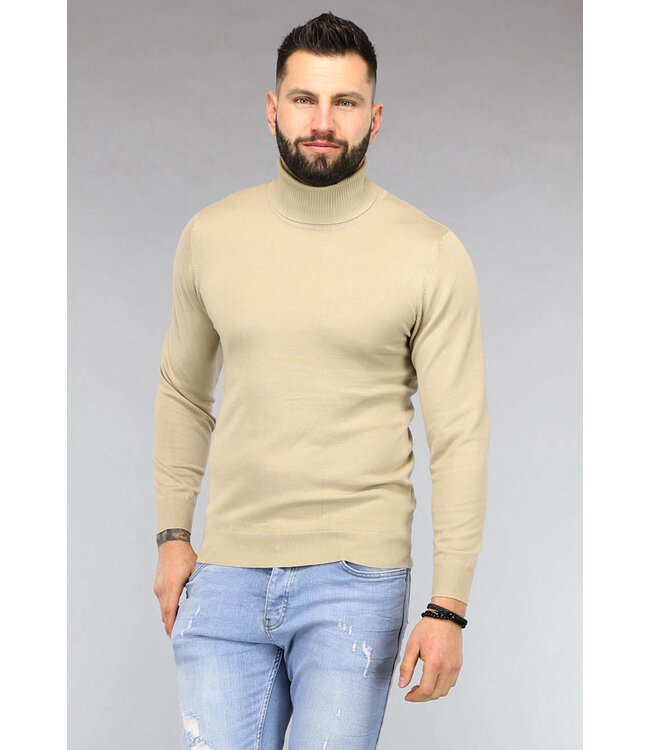Basic Beige Heren Trui met Hoge Col