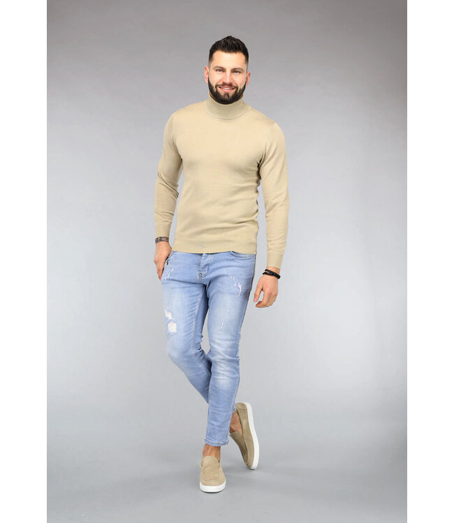 Basic Beige Heren Trui met Hoge Col