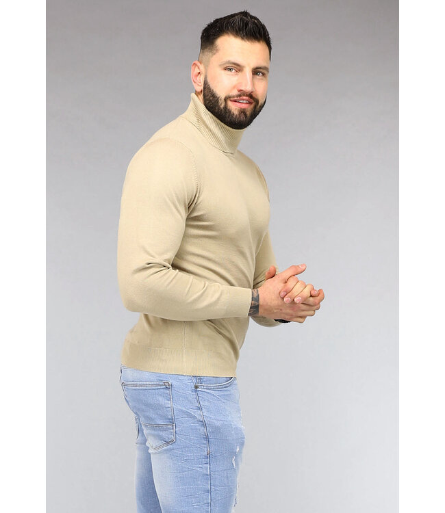 Basic Beige Heren Trui met Hoge Col