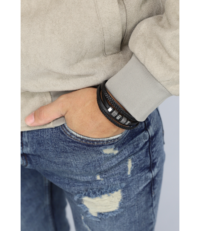 Zwarte Lederlook Heren Armband met Schuif Sluiting